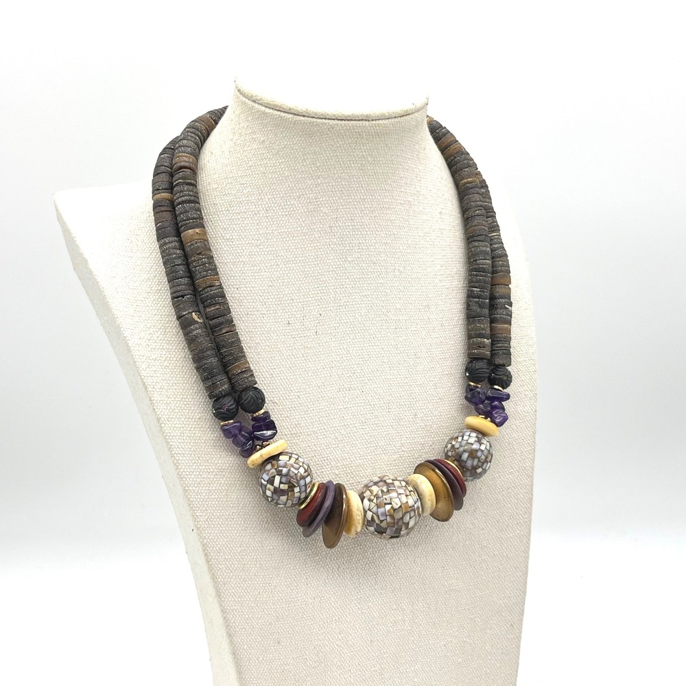 Vintage Double Strand Wood Heishi Shell Mosaic‎ Amethyst Bead Statement Necklace